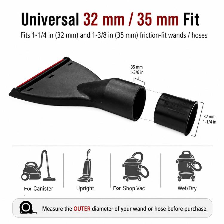 Universal vacuum upholstery tool with wide flat head and straight hose connector