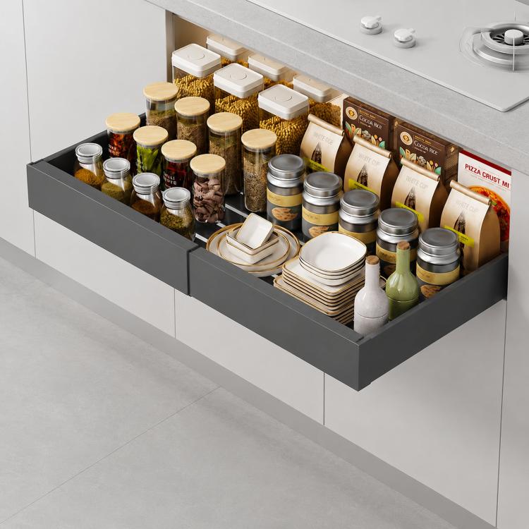 Black under-sink pull-out cabinet organizer with spices, jars, and stacked dishware inside