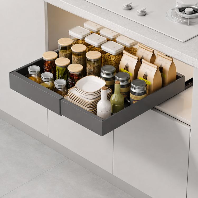 Gray under-sink pull-out cabinet organizer drawer with raised edge, holding spice jars and bottles