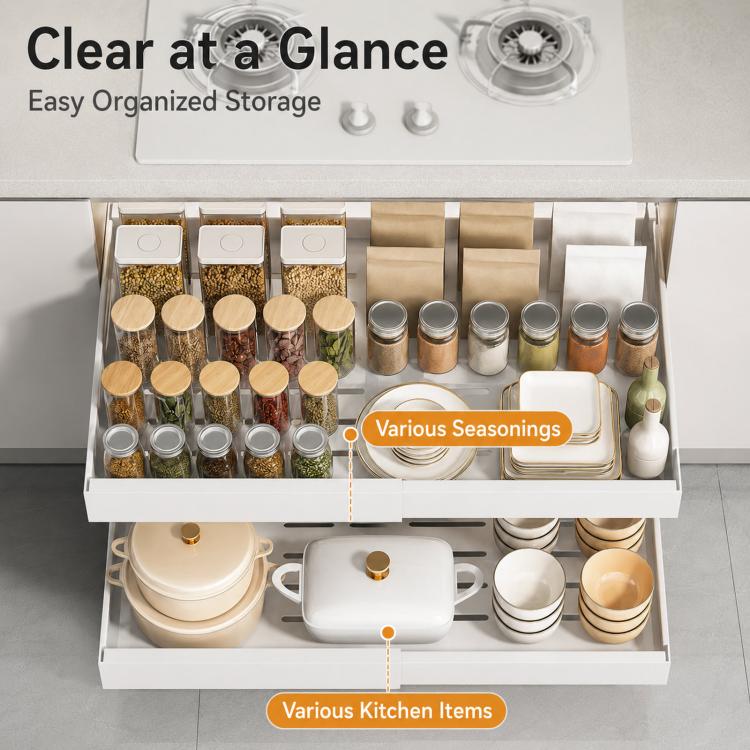 Under-sink pull-out cabinet organizer drawer with two pull-out sections for kitchen items