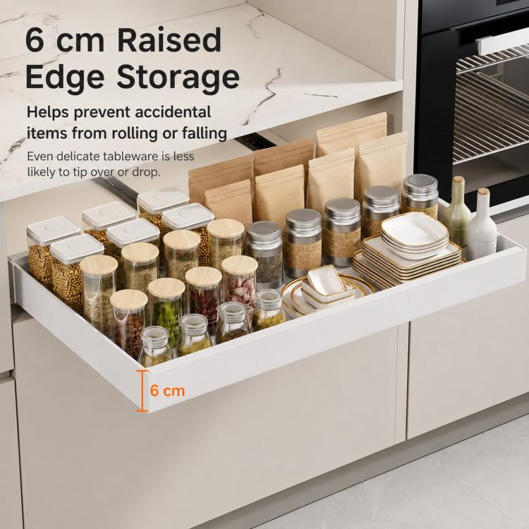 White under-sink pull-out organizer drawer with 6 cm raised edge to prevent items from rolling