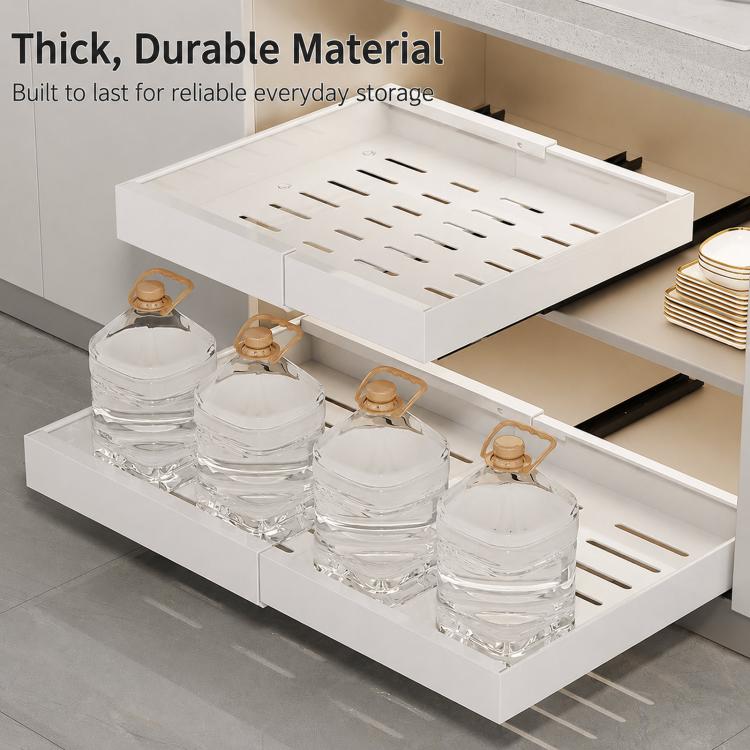 White pull-out cabinet organizer drawer with slotted tray for drying bottles and containers
