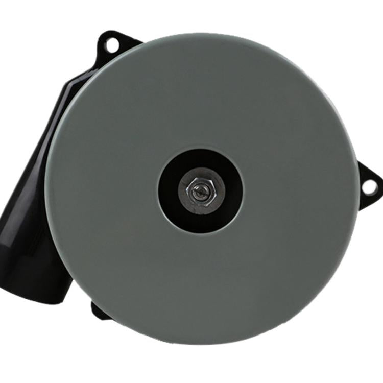 Circular gray motor housing with center screw and black mounting bracket