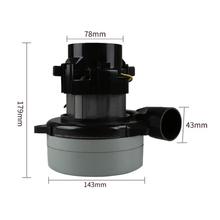 Motor assembly dimensions: 143mm wide, 119mm tall, 43mm outlet