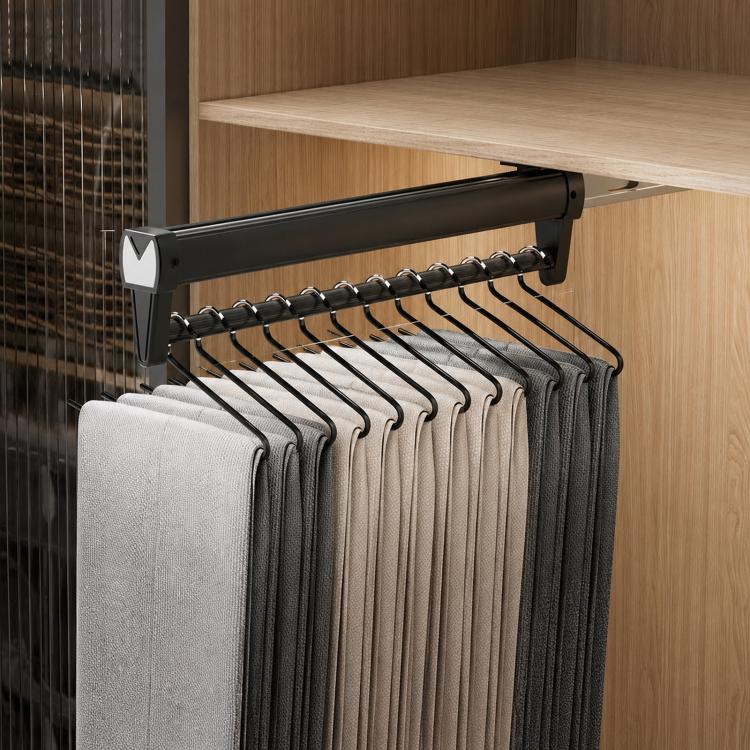 Black pull-out hanger rail top mount with multiple S-shaped hooks for scarves