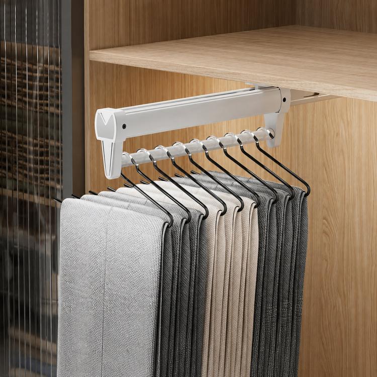 Extendable closet hanger rail with white top mount and S-shaped hooks for scarves