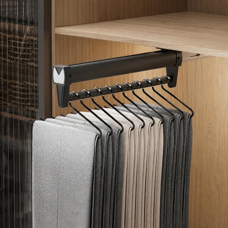 Extendable top-mount closet hanger rail, black bar with black hooks holding pants/scarves