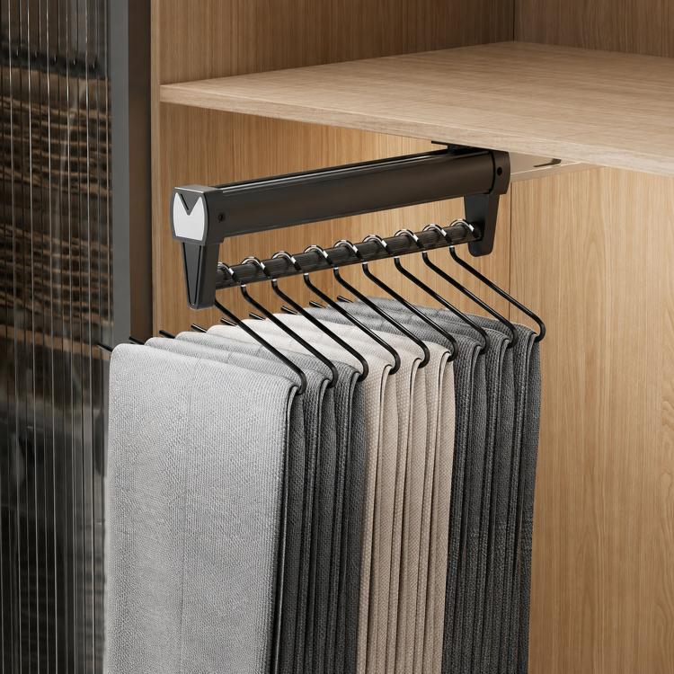 Extendable top-mount closet hanger rail, black bar with black hooks for pants/scarves