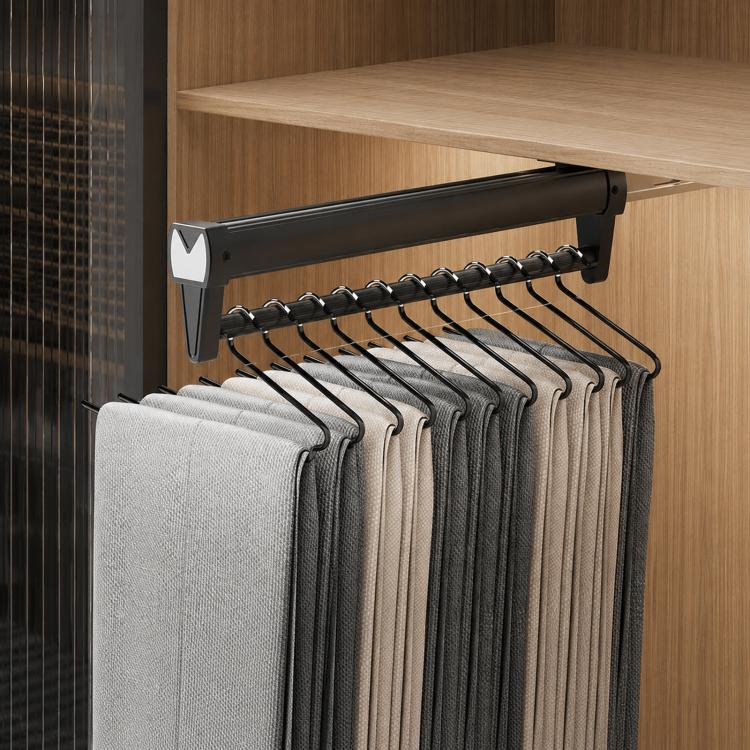 Extendable top-mount closet hanger rail, black bar with black hooks and hanging pants/scarves