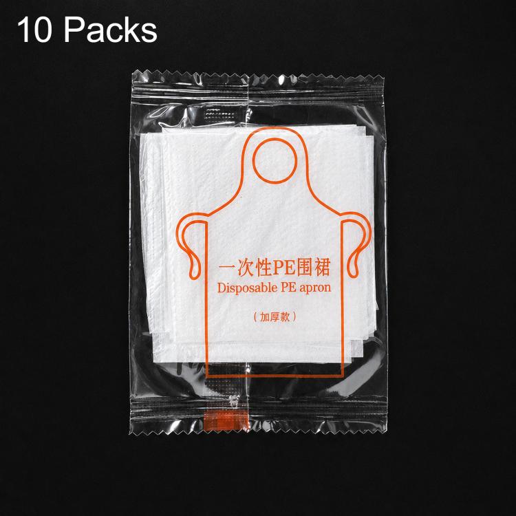 Individually wrapped white polyethylene disposable apron in clear plastic pouch