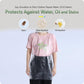 Disposable clear plastic apron over light pink shirt, waist coverage for protection