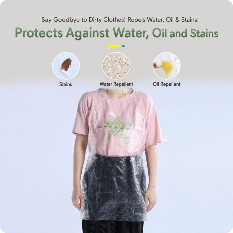 Disposable clear plastic apron over light pink shirt, waist coverage for protection