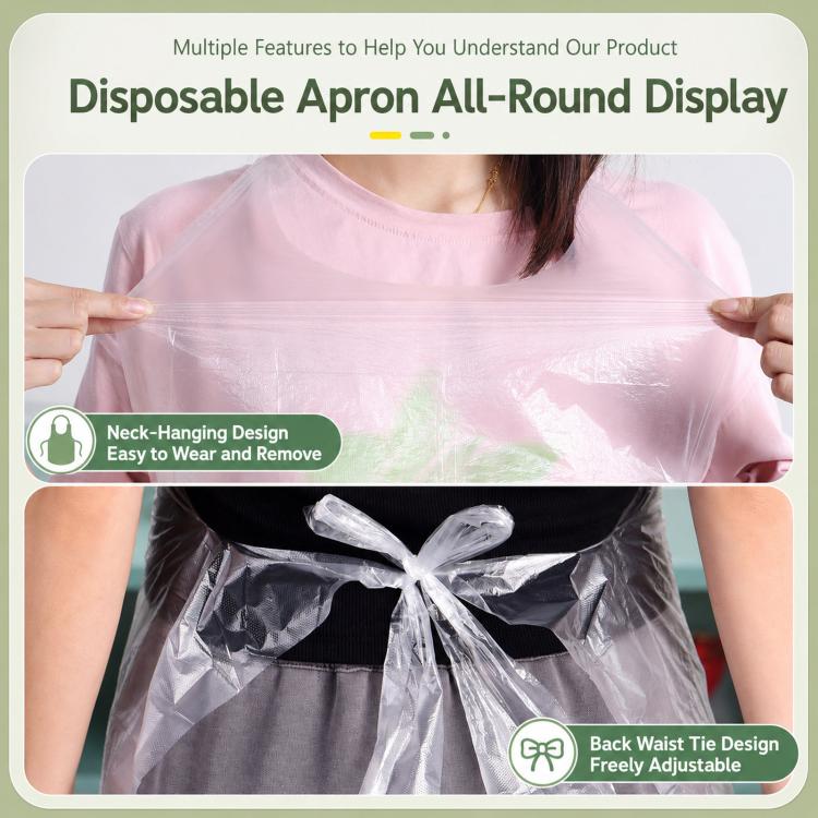 Disposable plastic apron with neck-hanging design and adjustable back tie detail