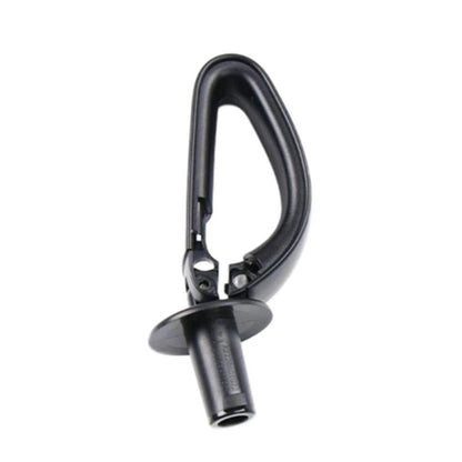 Black rear seat belt guide device with metal mounting bracket and round base.
