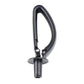 Black rear seat belt guide device, side view with cylindrical metal tube.