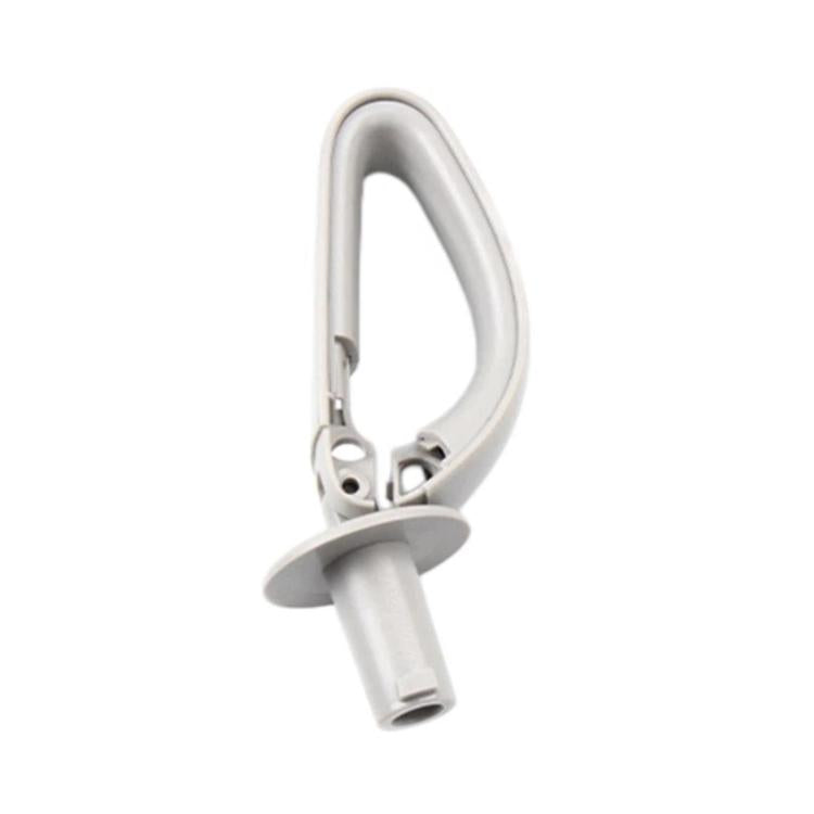 Gray-white rear seat belt guide device with light housing and metal mounting pins.