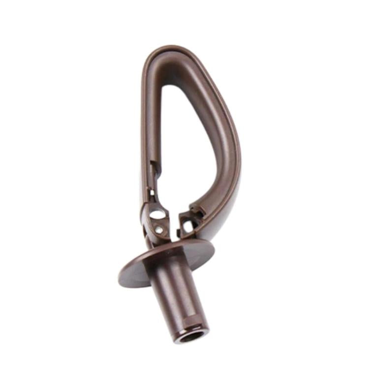 Dark brown rear seat belt guide device with metal bracket and circular base.