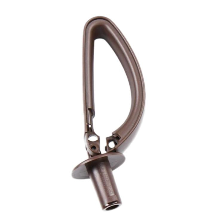 Dark brown rear seat belt guide device, side view with cylindrical metal outlet.