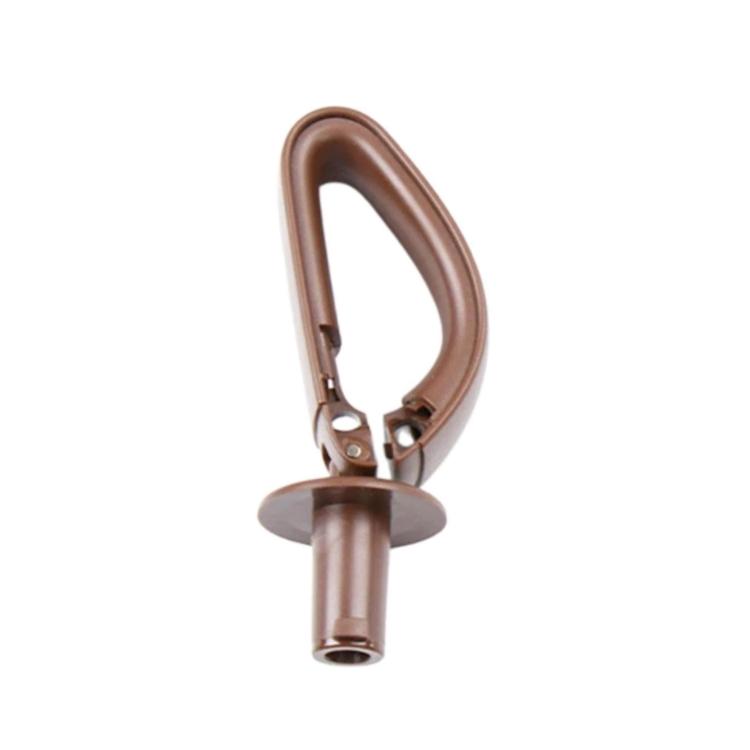 Brown rear seat belt guide device with metal bracket and darker circular collar.