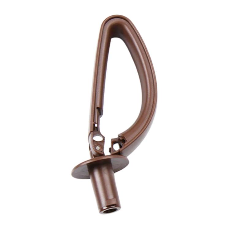 Brown rear seat belt guide device, side view with cylindrical metal tube.
