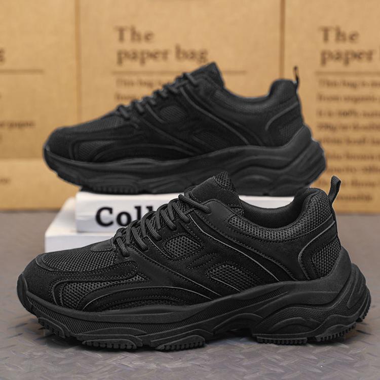 Men's black lace-up running sneakers, mesh upper look and chunky tread sole