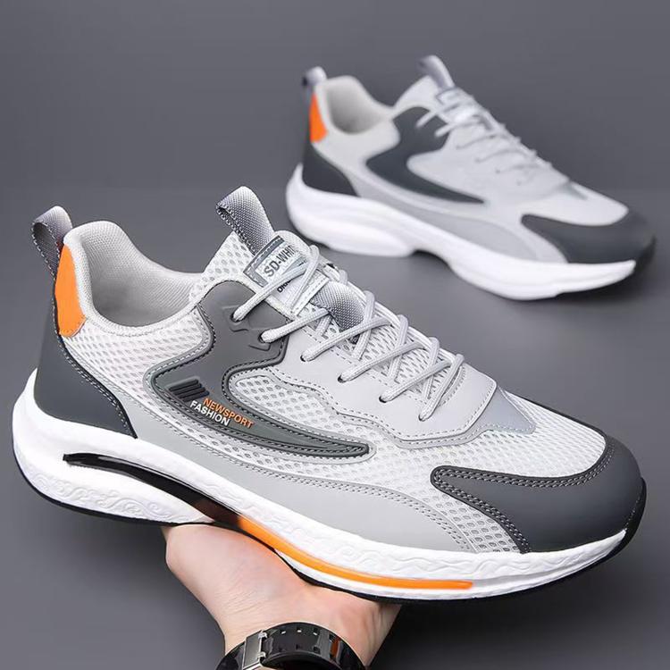 White and gray casual sports shoes with lace-up design and cushioned outsole midsole