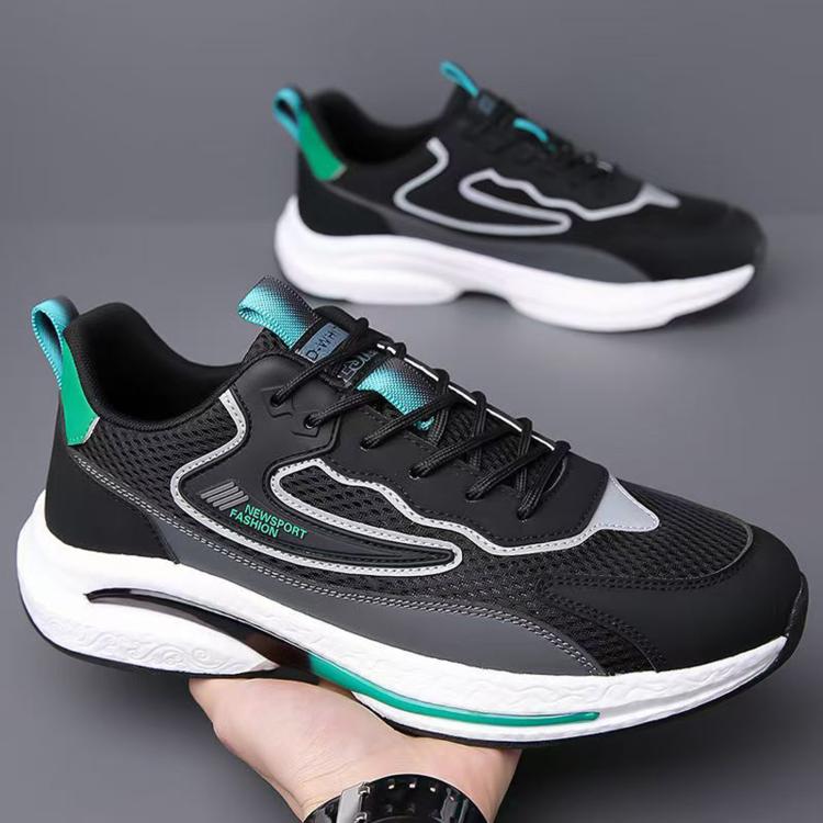 Black mesh athletic sneakers, lace-up front with teal accents and cushioned rubber sole