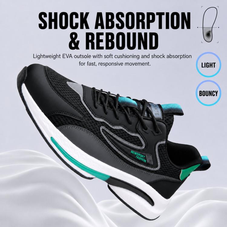 Men's breathable running sneaker, black with teal trim and white midsole