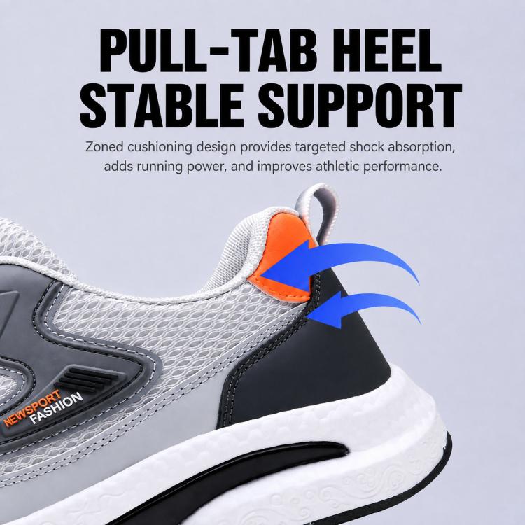 Men's running sneaker heel with pull-tab, gray mesh and orange accent