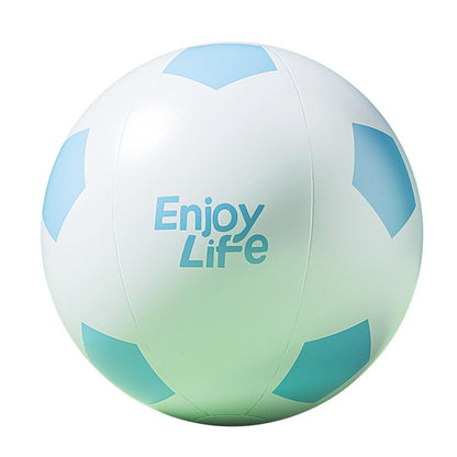 Inflatable soccer ball with blue/green panels and “Enjoy Life” graphic