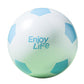 Round inflatable soccer ball with blue/green shapes and “Enjoy Life” logo