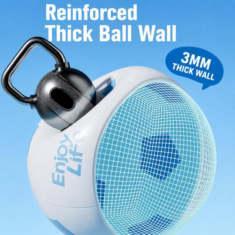 Inflatable soccer ball with reinforced mesh window and “Enjoy Life” graphic