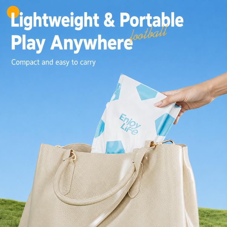 Portable inflatable soccer ball folded and packed in a carrying bag