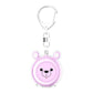 Pink bear-face personal alarm keychain with glowing LED ring and metal clip