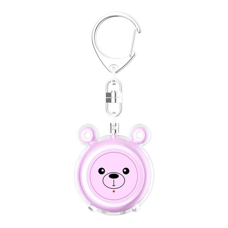 Pink bear-face personal alarm keychain with glowing LED ring and metal clip
