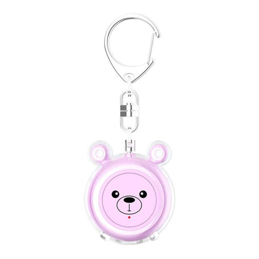 Pink bear-face personal alarm keychain with glowing LED ring and metal clip