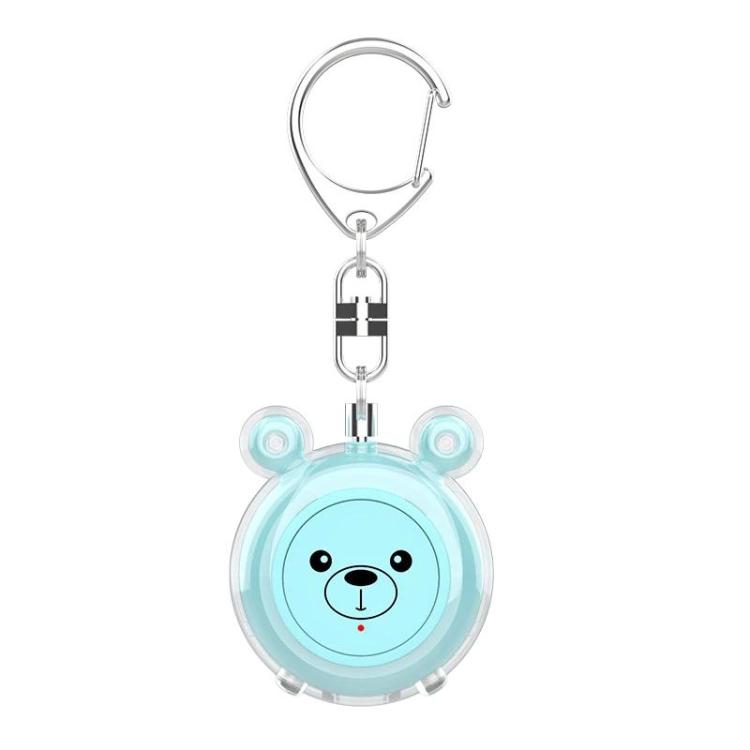 Blue bear-face personal alarm keychain with glowing LED ring and metal clip