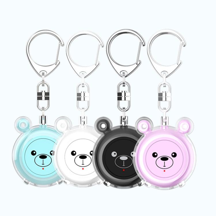 Set of bear-face personal alarm keychains in black, white, blue, and pink