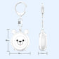 Bear-face personal alarm keychain with metal ring and clip, shown with size outlines