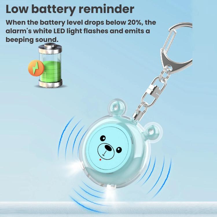 Teal bear-face personal alarm keychain with LED light and sound wave lines