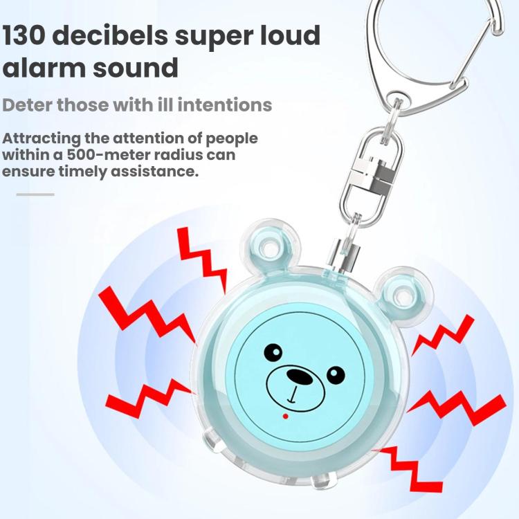 Teal bear-face personal alarm keychain with warning sound effect lines