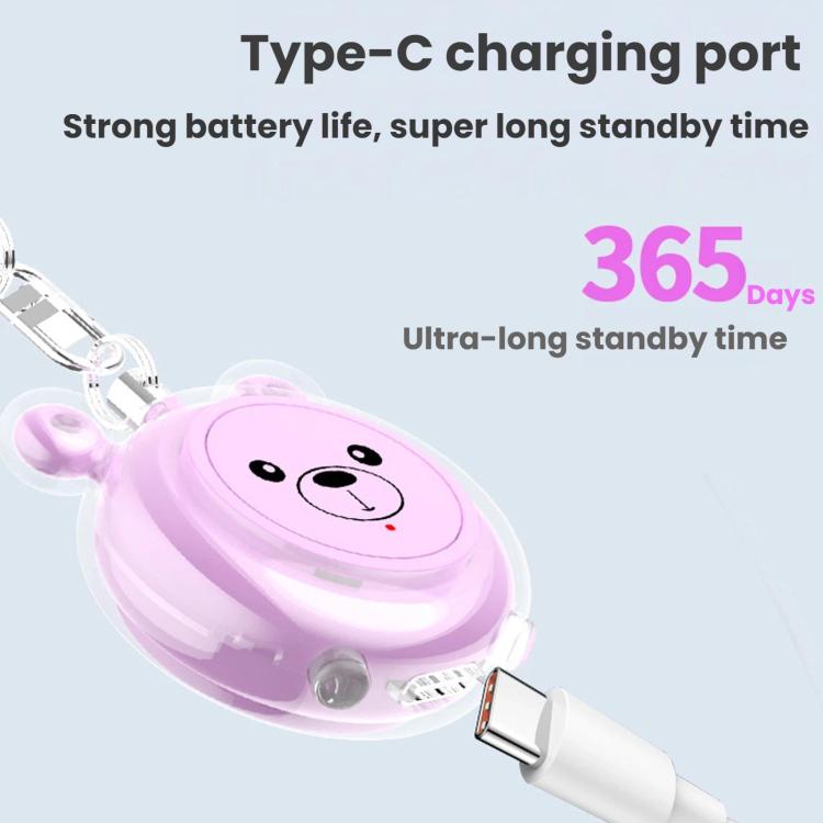 Pink bear-face personal alarm keychain with visible Type-C charging port
