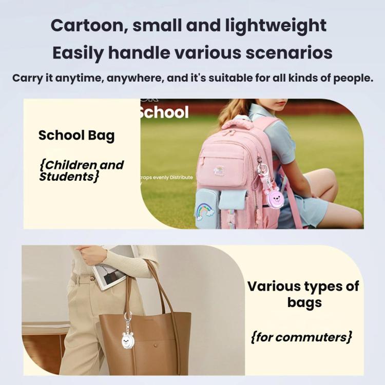 Personal alarm clip attached to a bag strap on a pink backpack