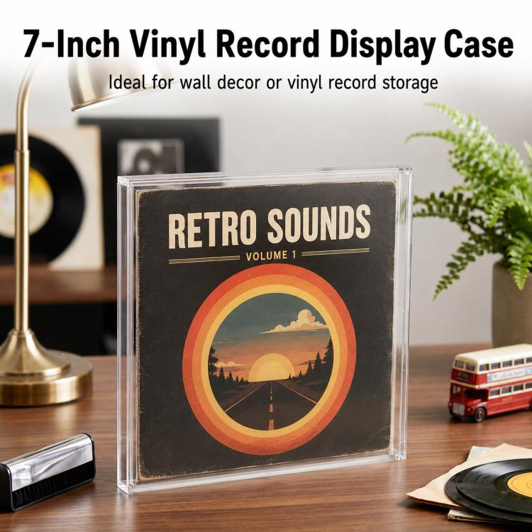 Clear acrylic 7-inch vinyl record display case holding a 7-inch vinyl record