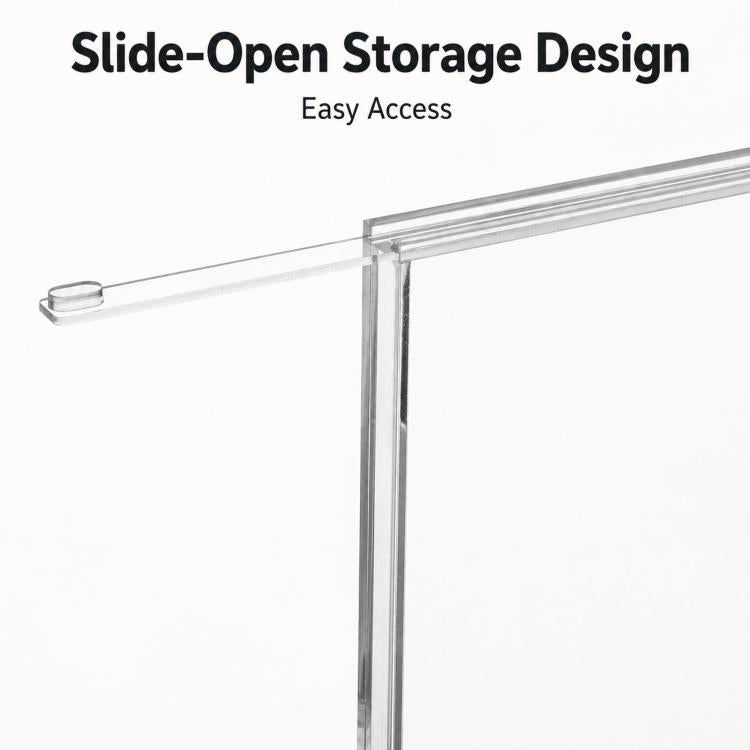 Clear acrylic vinyl display case with slide-open top rail and latch