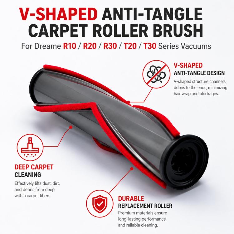 V-shaped anti-tangle carpet roller brush with red edge and gray roller
