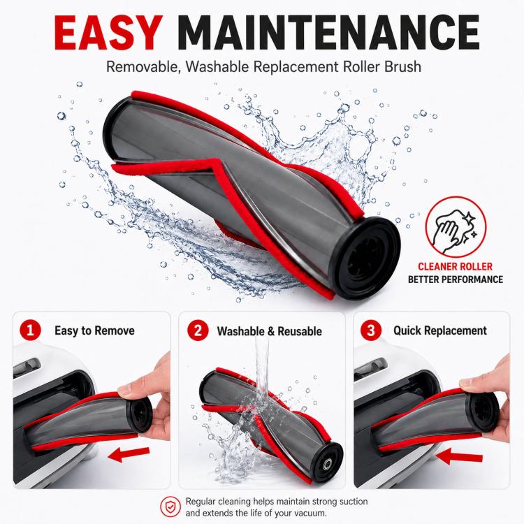 Washable carpet roller brush with red rim and gray roller, black end caps
