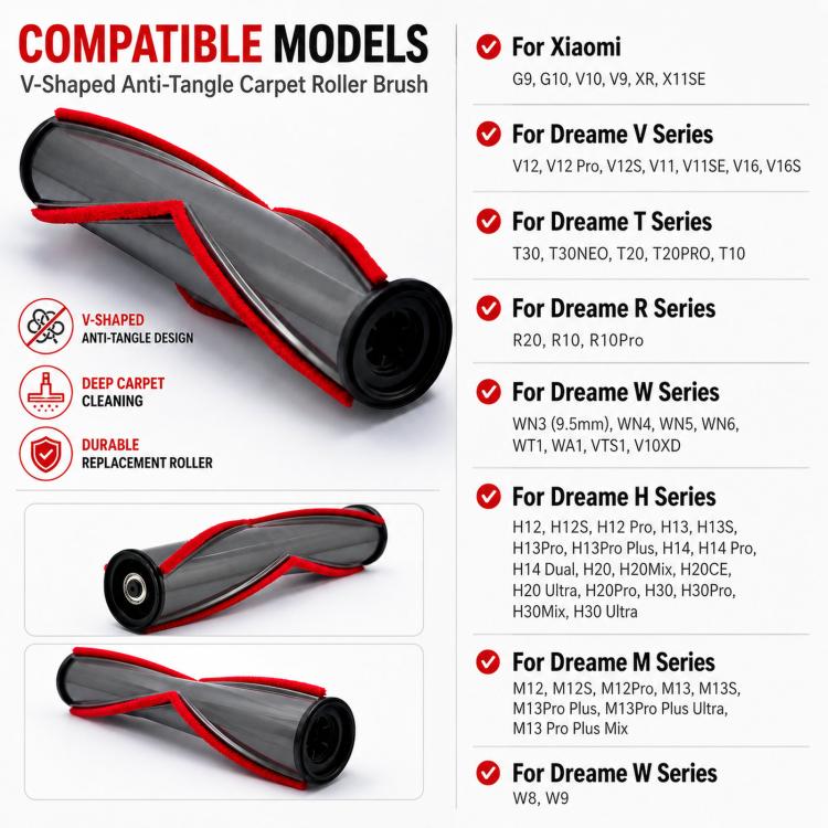 V-shaped carpet roller brush with gray roller and red frame for compatible vacuums