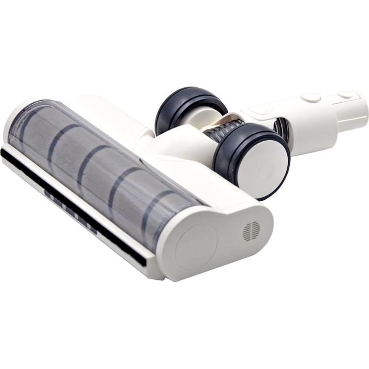 Motorized floor brush head with white body and clear roller, featuring LED lights