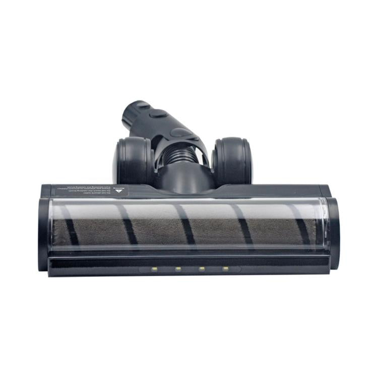 Motorized floor brush head with clear roller and dark housing, with LED light strip